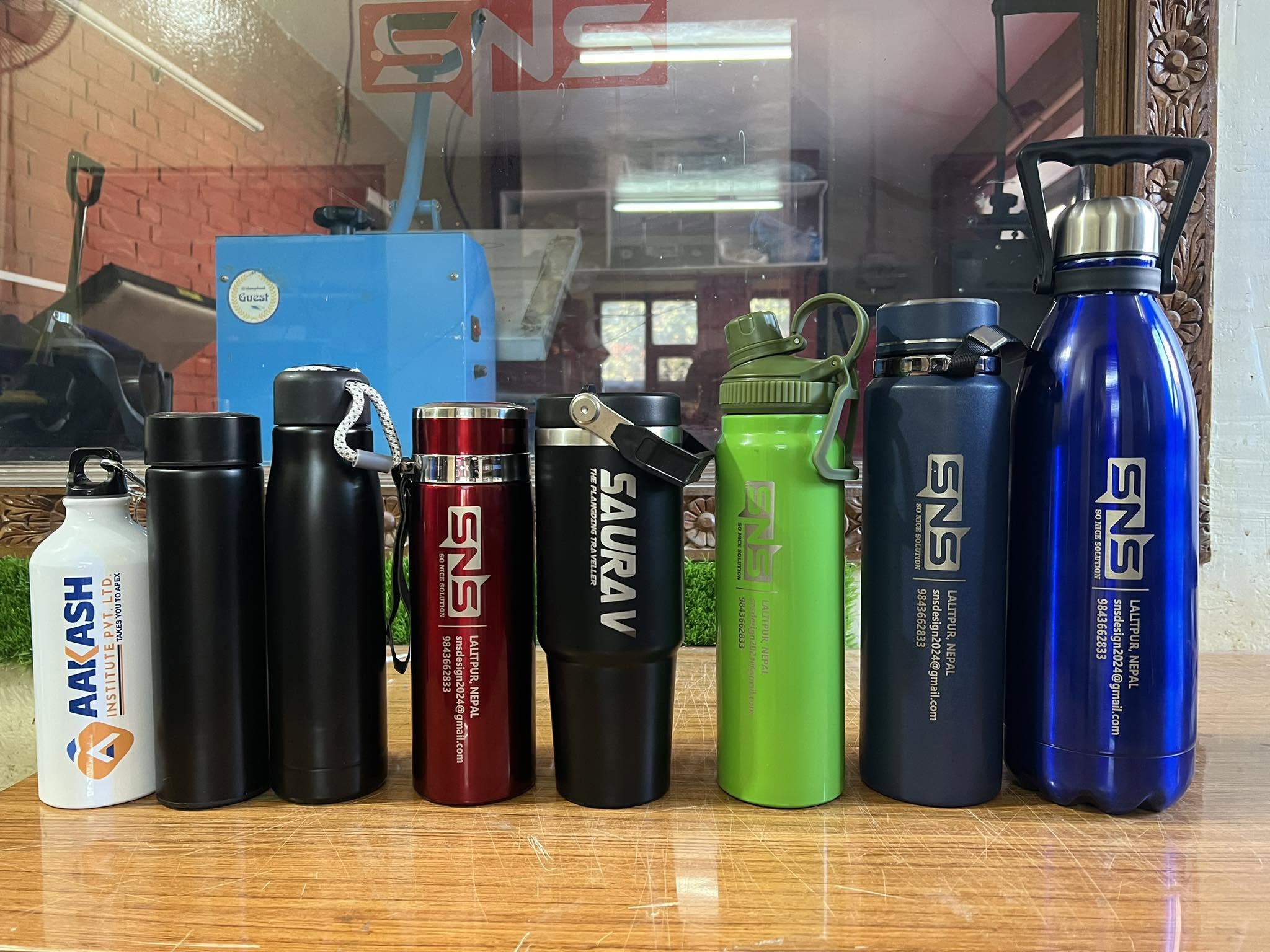 Assorted custom printed sports and vacuum bottles